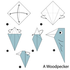 step by step instructions how to make origami a Woodpecker.