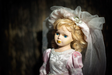 Close up of a doll face. Children's toy doll.