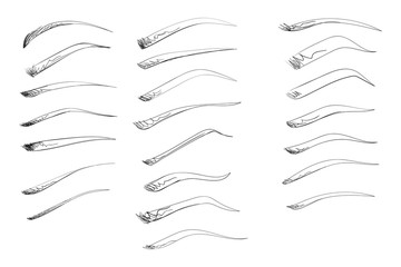 Collection of isolated women's sketch eyebrows. Doodle eyebrows on white background. Eyebrows to create fashion illustrations. Part of face. Eyebrow makeup. Eyebrows for simulation woman's face.