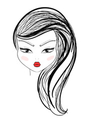 Isolated fashion girl with makeup and red lips in sketch style. Fashion illustration. Women's makeup. Sketch hairstyle, styling. Stylish girl. Fashion person. Fashion face