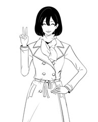 ピースをする女性 / トレンチコート