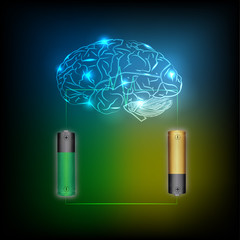 Electric battery energy  charge brain, dark blue light abstract