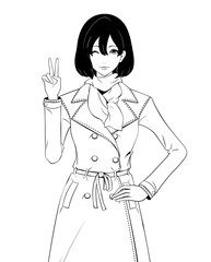 ピースをする女性 / トレンチコート / ウインク
