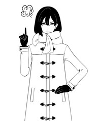 指を立てる女性 / ダッフルコート / 注意