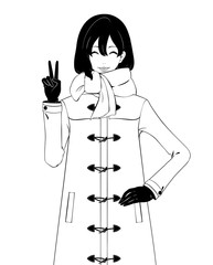 ピースをする女性 / ダッフルコート