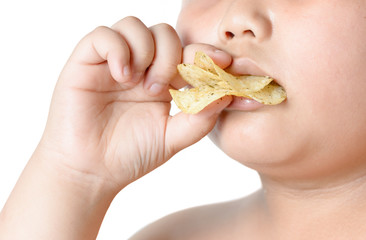 potato chip in obese fat boy hand