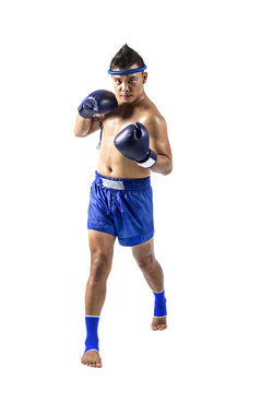 a thai boxer with thai boxing action, isolated on white background