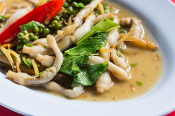 Thailand Food mushrooms with ginger chilli pepper .