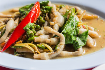 Thailand Food mushrooms with ginger chilli pepper .