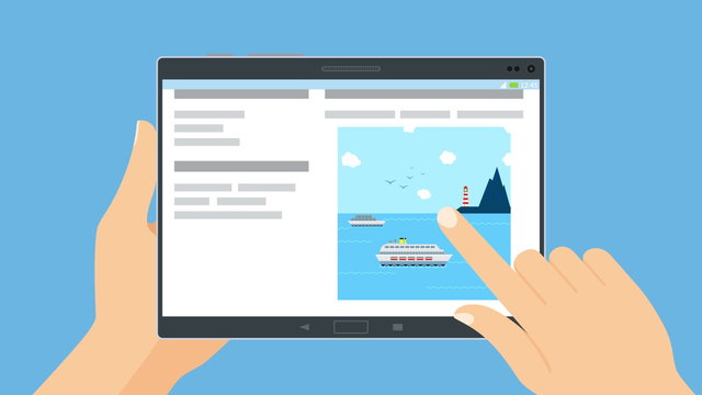 Social network concept animation on a tablet. Hands holding a tablet and choosing social network pages. 
