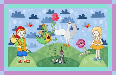 Fototapeta premium Childish card with fairyland. Cute vector illustration.
