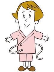 病院の検査着を着た女性がウエストを測定