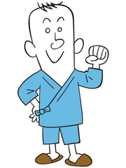 病院の検査着を着た男性