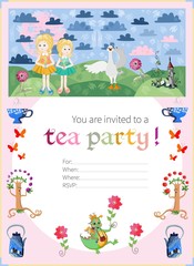 Childish tea party invitation. Fairy illustration. Cute vector t