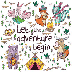 Let the adventure begin. Hand drawn camping illustration, cartoon style