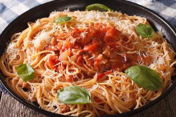 Spaghetti with Amatriciana Sauce close-up on a plate. Horizontal

