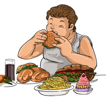 Ilustraci&oacute;n de hombre obeso adicto a la comida chatarra problema de sobrepeso 