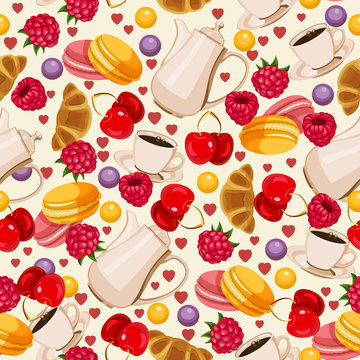 Seamless pattern in french style with food. Background for menu, cafeteria, cafe, restaurant with french cuisine.