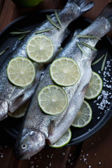 Close-up of fresh raw trout with lime, sea salt and rosemary