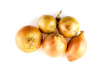 Golden orange colored onions isolated on white