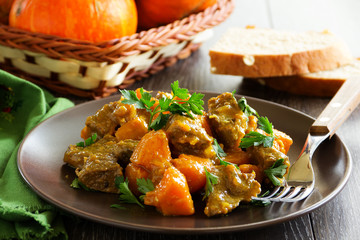 Yellow curry with pumpkin and pork.