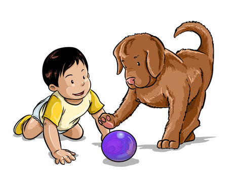 Ilustraci&oacute;n de bebe y perro divirti&eacute;ndose jugando con una pelota