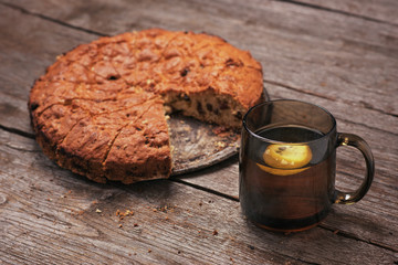 homemade nut cake a tree with lemon tea