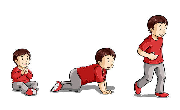 Ilustracion de niño en proceso de crecimiento de gatear a caminar