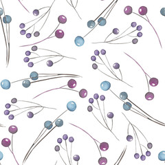A seamless pattern with the watercolor blue and violet berries on the branches, hand-drawn on a white background
