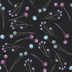 A seamless pattern with the watercolor blue and violet berries on the branches, hand-drawn on a black background