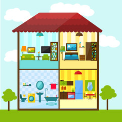 Cross-section of house in flat style illustration