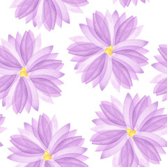 A seamless floral pattern with watercolor hand-drawn violet and purple spring flowers, painted on a white background