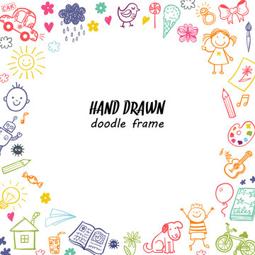 Hand drawn doodle children drawing round frame
