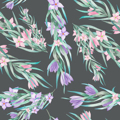 A seamless pattern with the watercolor floral elements: branches, flowers, leaves, hand-drawn on a dark background