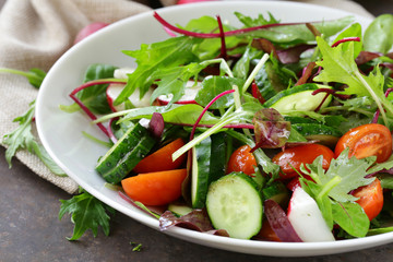 Green salad mix with fresh vegetables - cucumber, radish, tomato for healthy food diet