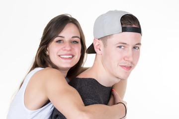 Happy smiling couple in love. Over white background