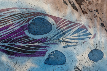 Feather and drops, hot batik, background texture, handmade on silk, abstract surrealism art