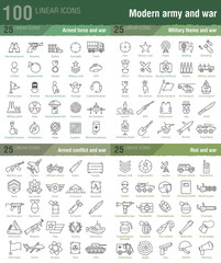 100 linear icons for military, war, and armed conflicts infograp