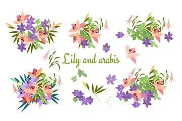 Fototapeta na wymiar Vector greeting card pink lily and violet arabis flower arrangement