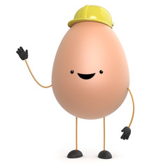 3d Cute toy egg wearing a hard hat and waving