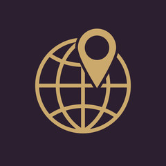 The pin on globe icon. Travel and map, navigation symbol. Flat