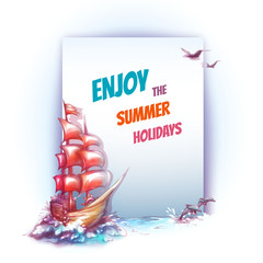 Vector banner with sail ship in ocean.