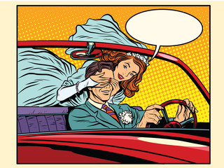 Wedding trip bride groom car