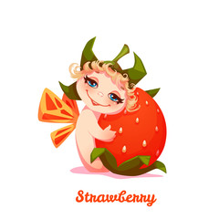 Sweet fairy with red strawberry. Vector illustration. Flat style.