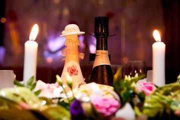 Wedding decoration of champagne bottles