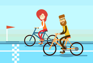 Couple Man Woman Ride Bicycle Race Road