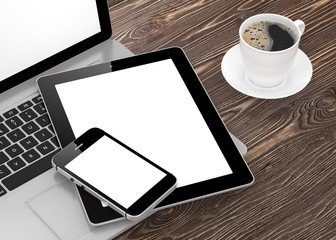 Laptop, phone, tablet pc and coffee.