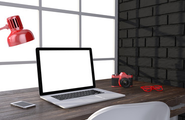 3D illustration laptop and work stuff on table near brick wall, Workspace