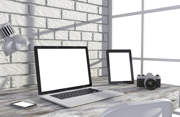 Fototapeta premium 3D illustration laptop and work stuff on table near brick wall, Workspace