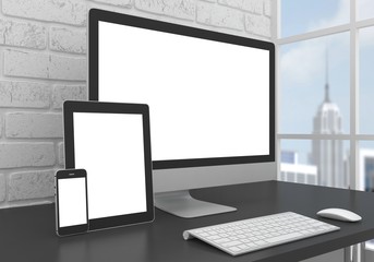 Fototapeta premium Responsive mockup screen. Monitor, tablet, phone on table in office.